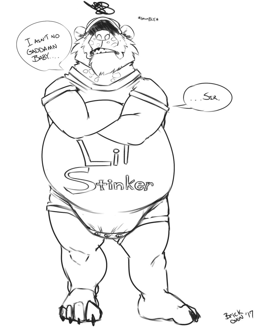 anthro belly big_belly brickoven clothing crossed_arms dialogue diaper diaper_under_clothing embarrassed hat headgear headwear hi_res humiliation infantilism male mammal mature_male onesie overweight overweight_male solo ursid