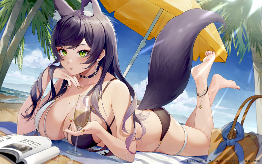 1girl animal_ear_fluff animal_ears ass bangs bare_arms bare_shoulders barefoot beach beach_mat bikini black_choker black_hair book breasts choker cleavage cup day drinking_glass fox_ears fox_girl fox_tail green_eyes head_rest highres holding ihachisu large_breasts long_hair looking_at_viewer lying meridian_project mole mole_on_breast nail_polish on_stomach outdoors parted_lips seki_(vtuber) solo string_bikini sunlight swept_bangs swimsuit tail the_pose thigh_strap thighs two-tone_bikini virtual_youtuber wine_glass