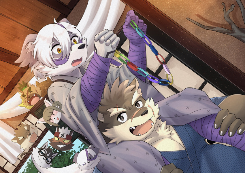 anthro asian_clothing bandaged_arm blue_eyes canid canine canis carrying chuurow clothing detailed_background domestic_dog duo east_asian_clothing embarrassed fur grey_body grey_fur hair hi_res japanese_clothing kimono lifewonders male male/male mammal moritaka pecs piggyback scar smile tokyo_afterschool_summoners video_games white_hair yellow_eyes yoshito