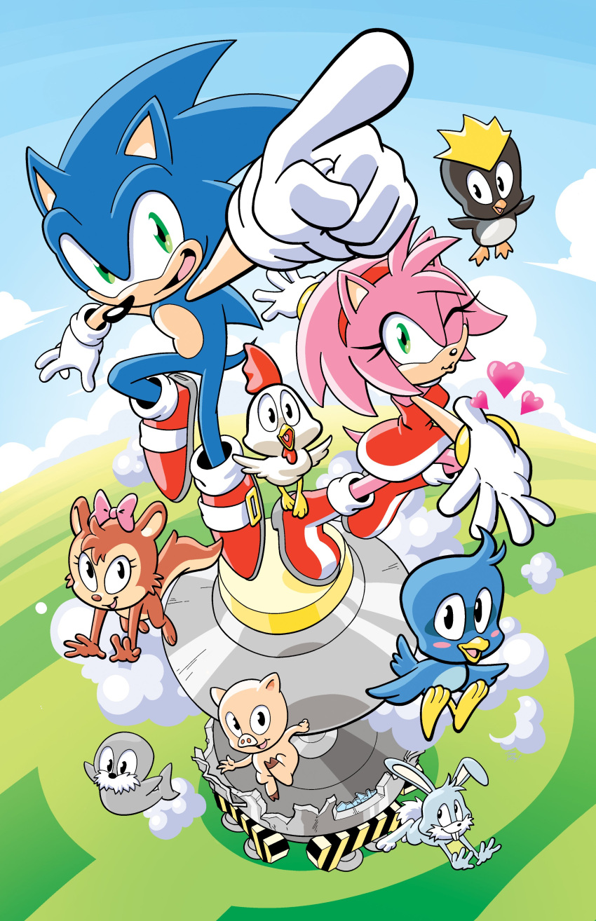 1boy 1girl absurdres amy_rose animal_ears bird blue_fur blue_sky boots bow braid chicken cloud dress eyelashes flicky_(character) gloves green_eyes hair_bow hedgehog_ears hedgehog_tail highres index_finger_raised open_mouth penguin pig pink_fur quill rabbit red_dress red_footwear shoes sky smile sneakers socks sonic_(series) sonic_the_hedgehog squirrel tail tracy_yardley walrus white_gloves white_legwear
