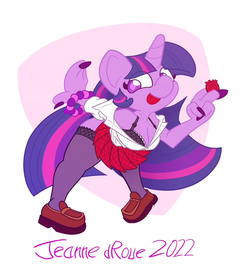 2022 absurd_res anthro bottomwear bra breasts clothed clothing condom digital_media_(artwork) equid equine female female_focus footwear friendship_is_magic hair hasbro hi_res horn jeanne_droue legwear long_hair mammal my_little_pony sexual_barrier_device shirt shoes skirt solo stockings toony topwear twilight_sparkle_(mlp) underwear unicorn