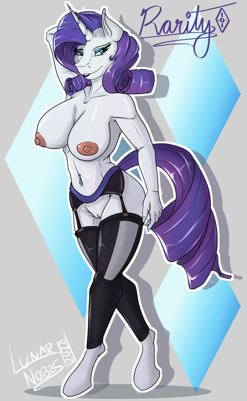 anthro areola big_breasts breasts clothing equid equine female footless_legwear friendship_is_magic garter_belt garter_straps genitals hasbro hi_res horn horse legwear lunarnobis mammal my_little_pony nipples pony pussy rarity_(mlp) solo stockings unguligrade_anthro unicorn