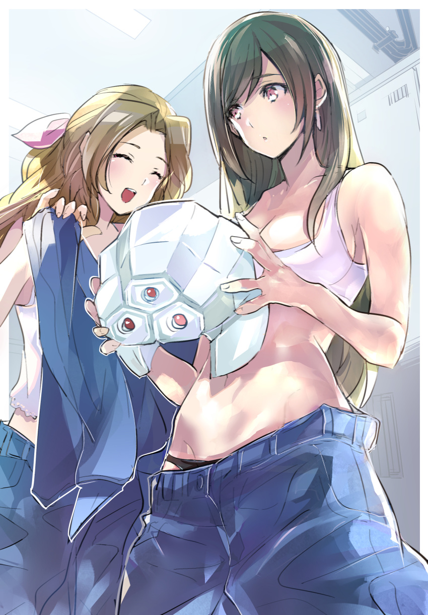 2girls abs absurdres aerith_gainsborough asymmetrical_bangs bangs bare_arms black_hair black_panties blue_pants blue_shirt bra breasts brown_eyes brown_hair changing_clothes cleavage closed_eyes disguise earrings final_fantasy final_fantasy_vii final_fantasy_vii_remake hair_between_eyes hair_ribbon helmet highres holding holding_clothes holding_helmet holding_shirt indoors jewelry large_breasts long_hair midriff multiple_girls navel open_mouth panties pants parted_bangs ponytail ribbon shirt shoji_sakura smile teeth tifa_lockhart underwear upper_body upper_teeth white_bra