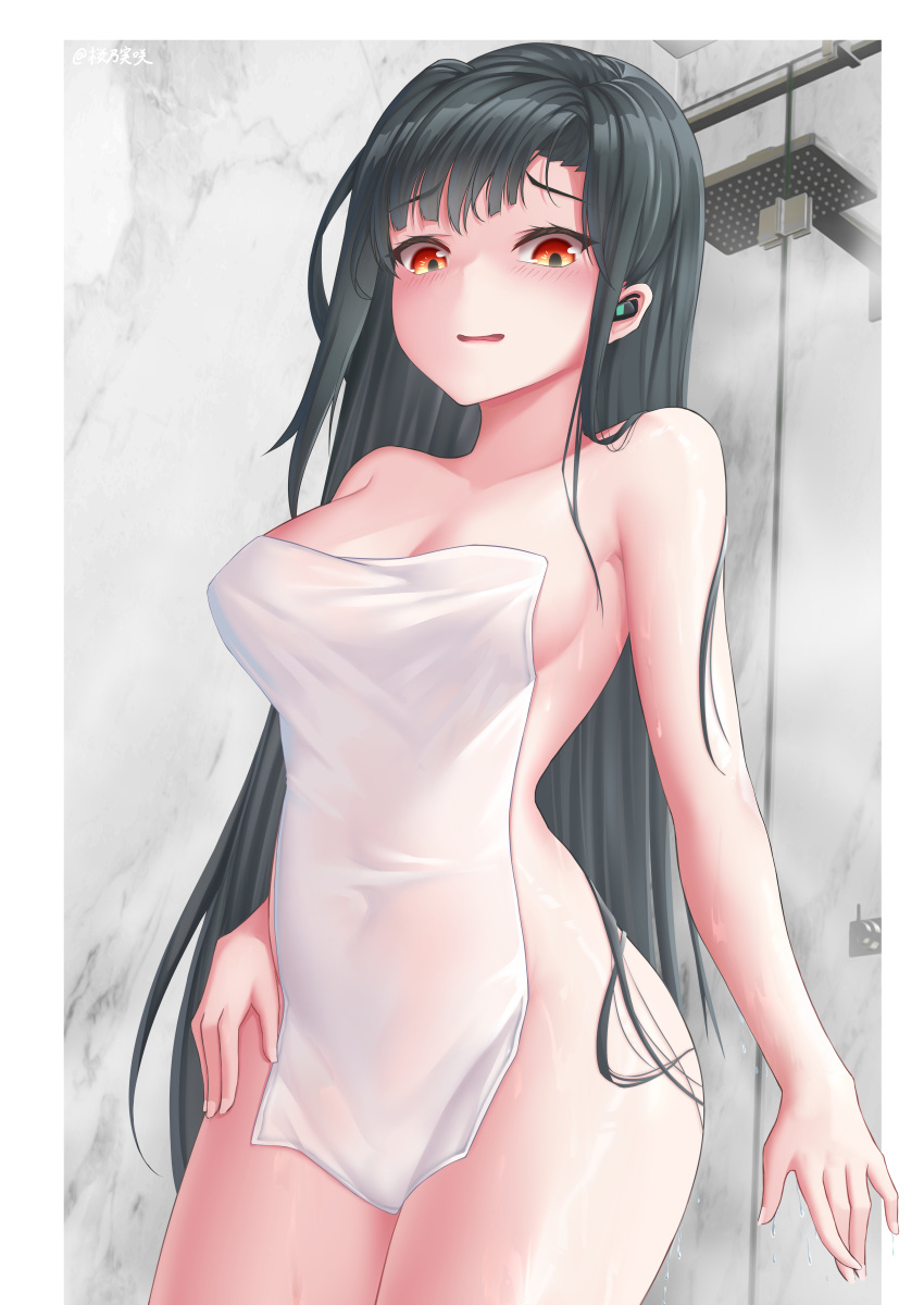 1girl absurdres alternate_costume amsxure bangs bare_shoulders bathroom black_hair blush breasts cleavage collarbone earpiece feet_out_of_frame girls'_frontline highres long_hair looking_at_viewer medium_breasts naked_towel open_mouth orange_eyes qbz-191_(girls'_frontline) solo standing thighs towel wet white_towel
