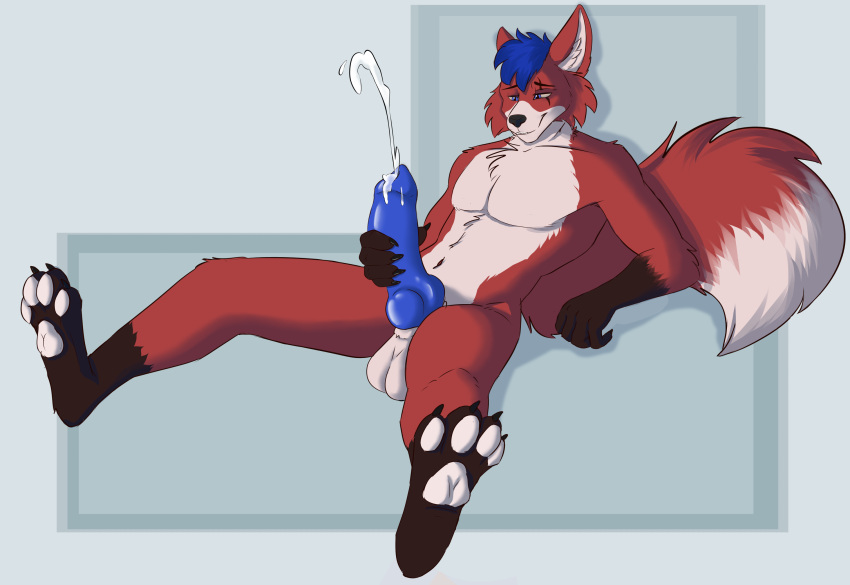 anthro balls bodily_fluids canid canine cum ejaculating_cum ejaculation erection fur genital_fluids genitals hi_res hybrid knot male male/male mammal masturbation mindoffur nude orgasm pawpads paws paxtonraze penis simple_background smile solo thick_penis