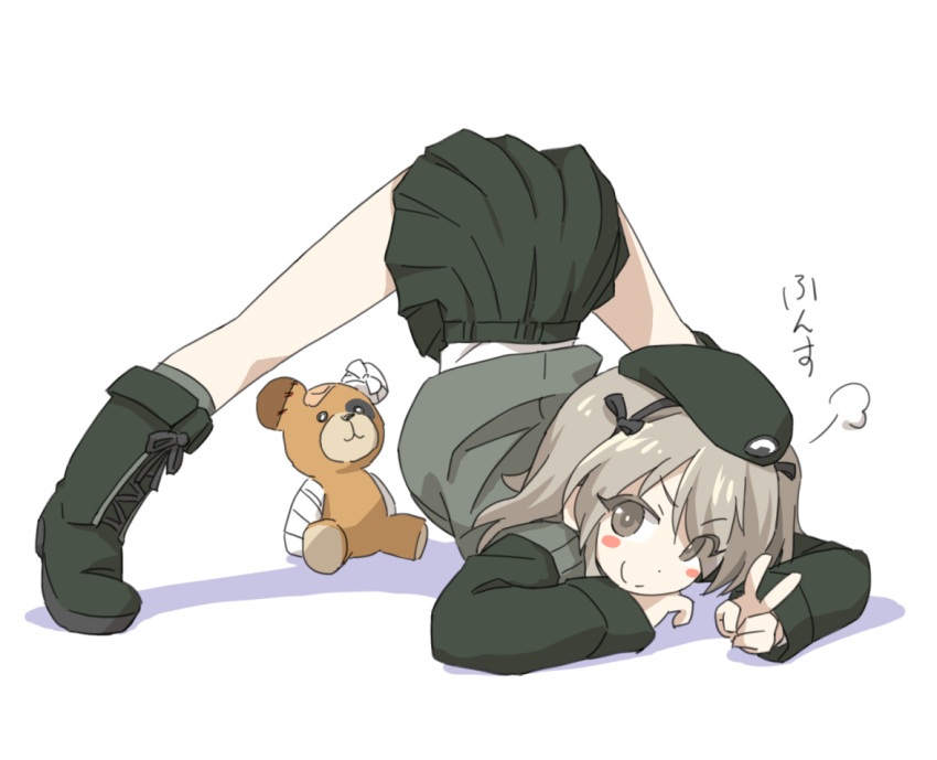 1girl bandages bangs black_ribbon blush_stickers boko_(girls_und_panzer) brown_eyes closed_mouth commentary emblem flexible girls_und_panzer hair_ribbon jack-o'_challenge japanese_tankery_league_(emblem) light_brown_hair long_hair long_sleeves looking_at_viewer meme one_side_up ribbon selection_university_military_uniform shadow shimada_arisu simple_background skirt smile solo spread_legs stuffed_animal stuffed_toy teddy_bear tewarusa top-down_bottom-up translated v white_background wide_spread_legs