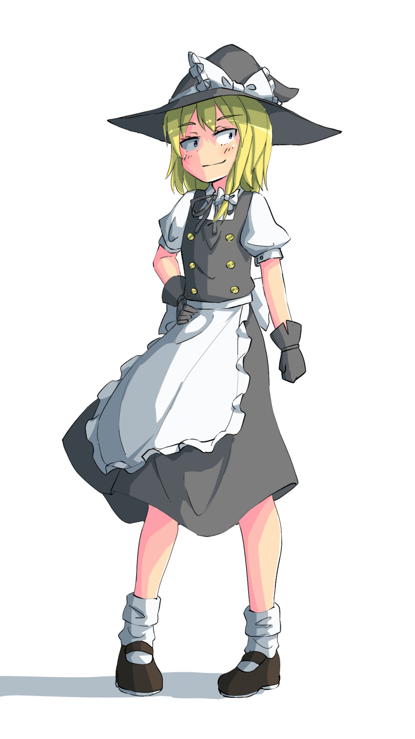 1boy apron back_bow bangs black_gloves black_headwear black_ribbon black_skirt black_vest blonde_hair blush bow brown_footwear buttons closed_mouth commentary cookie_(touhou) frilled_apron frills full_body gloves hair_bow hat hat_bow highres kinu_(cookie) kirisame_marisa kurotsuki_hiiragi looking_to_the_side male_focus mary_janes neck_ribbon otoko_no_ko puffy_short_sleeves puffy_sleeves ribbon shirt shoes short_hair short_sleeves simple_background skirt skirt_set smile socks solo standing touhou vest waist_apron waist_bow white_apron white_background white_bow white_shirt white_socks witch_hat yellow_eyes