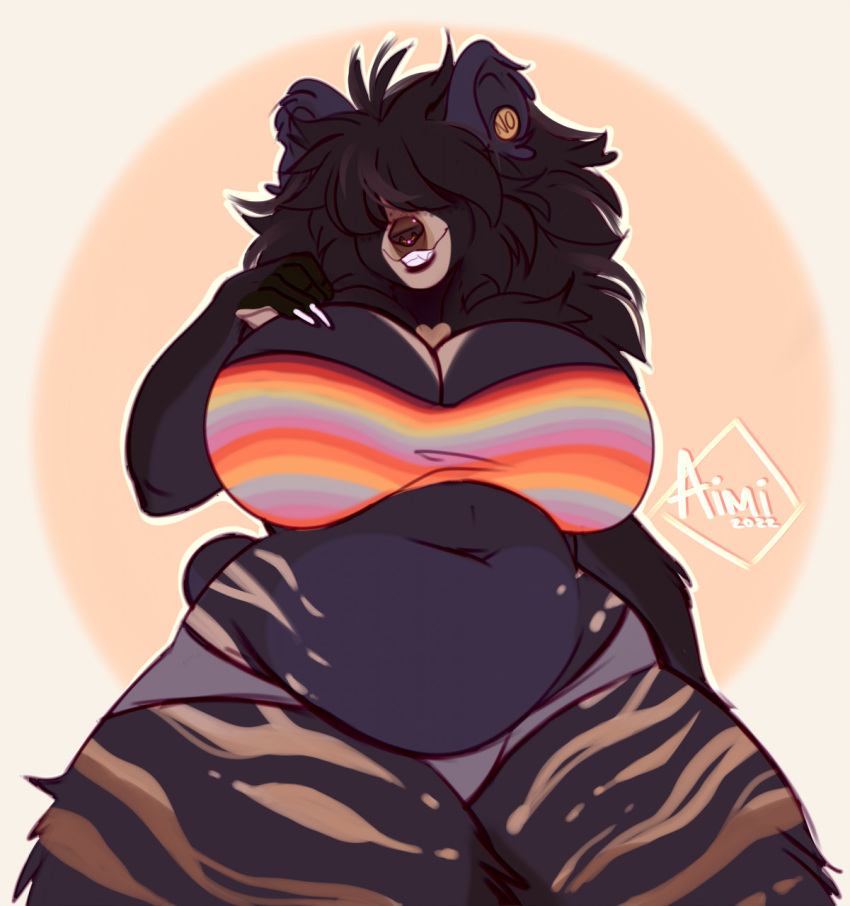 2022 aimi anthro big_breasts black_hair breasts clothed clothing digital_media_(artwork) female hair hi_res looking_at_viewer mammal midriff navel simple_background slightly_chubby slightly_chubby_female smile teeth ursid