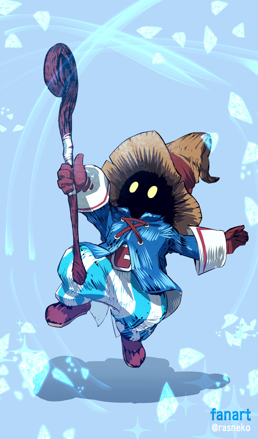 1other arm_up belt black_mage blue_background brown_belt brown_gloves brown_headwear casting_spell english_text final_fantasy final_fantasy_ix gloves hat highres holding holding_staff jumping magic rasneko simple_background solo sparkle spell staff striped striped_legwear twitter_username vivi_ornitier yellow_eyes