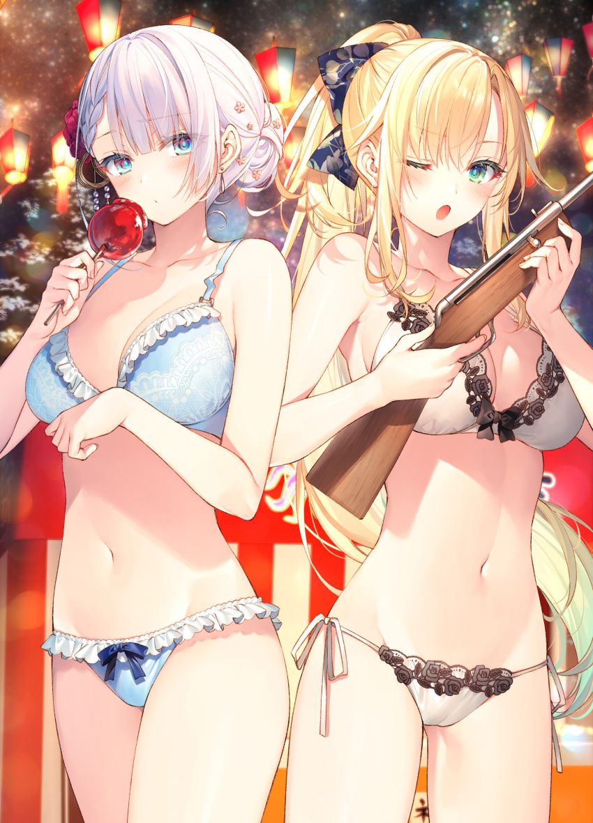 2girls ;o absurdres bare_arms bare_shoulders bikini blonde_hair blue_bikini blue_eyes bow breasts candy_apple cleavage collarbone food frilled_bikini frills green_eyes gun hair_bow hair_bun hair_ornament highres holding kanzashi lace-trimmed_bikini lace_trim large_breasts long_hair looking_at_viewer lyseria_christaria multiple_girls navel one_eye_closed open_mouth ponytail regina_mercedes rifle seiken_gakuin_no_maken_tsukai side-tie_bikini stomach string_bikini swimsuit thighs toosaka_asagi very_long_hair weapon white_bikini white_hair