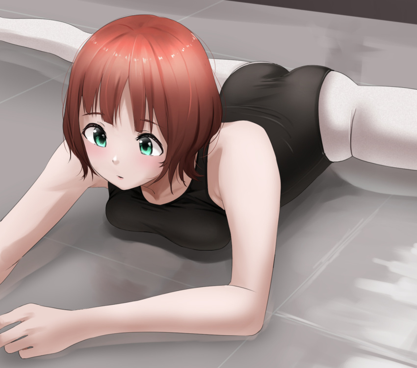 amami_haruka ass ballerina ballet bangs black_leotard breast_press breasts commentary floor green_eyes highres idolmaster leotard on_floor open_mouth pantyhose red_hair split stretch tama_(tamago) white_legwear