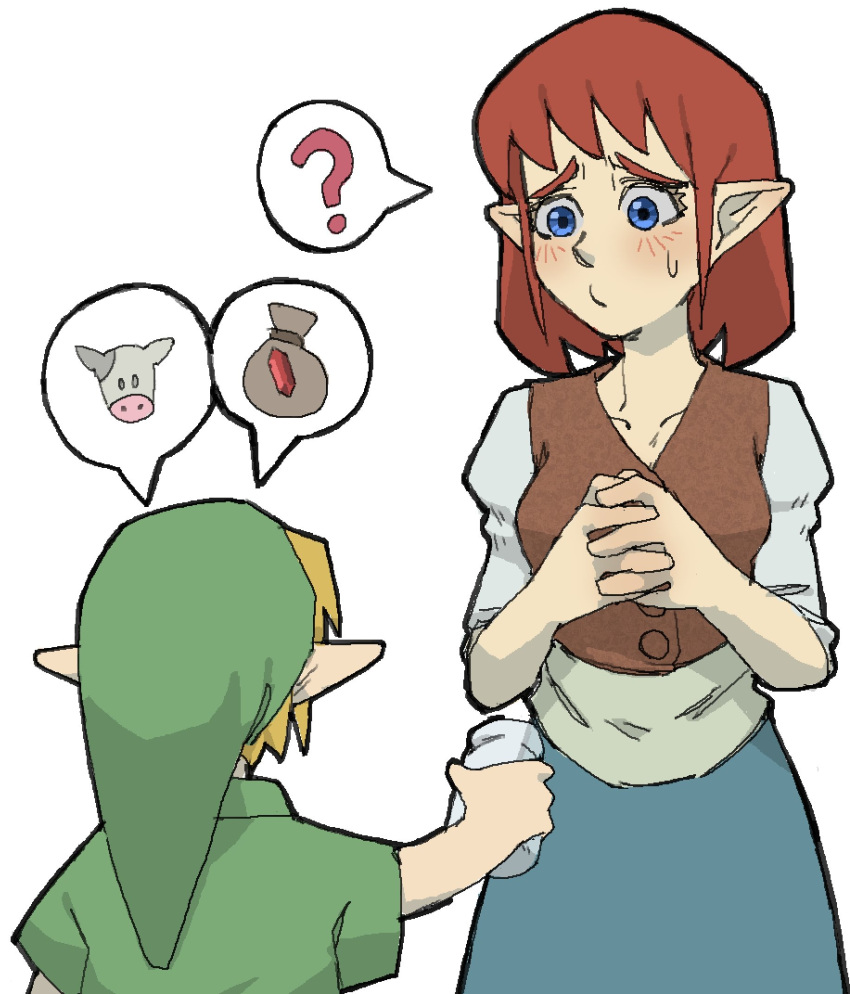 1boy 1girl ? anju blonde_hair blue_eyes blue_skirt blush bottle brown_vest collarbone cow green_tunic hat highres interlocked_fingers link medium_hair own_hands_together pantsu-ripper pointy_ears pointy_hat red_hair rupee simple_background skirt sweatdrop the_legend_of_zelda the_legend_of_zelda:_ocarina_of_time tunic vest young_link