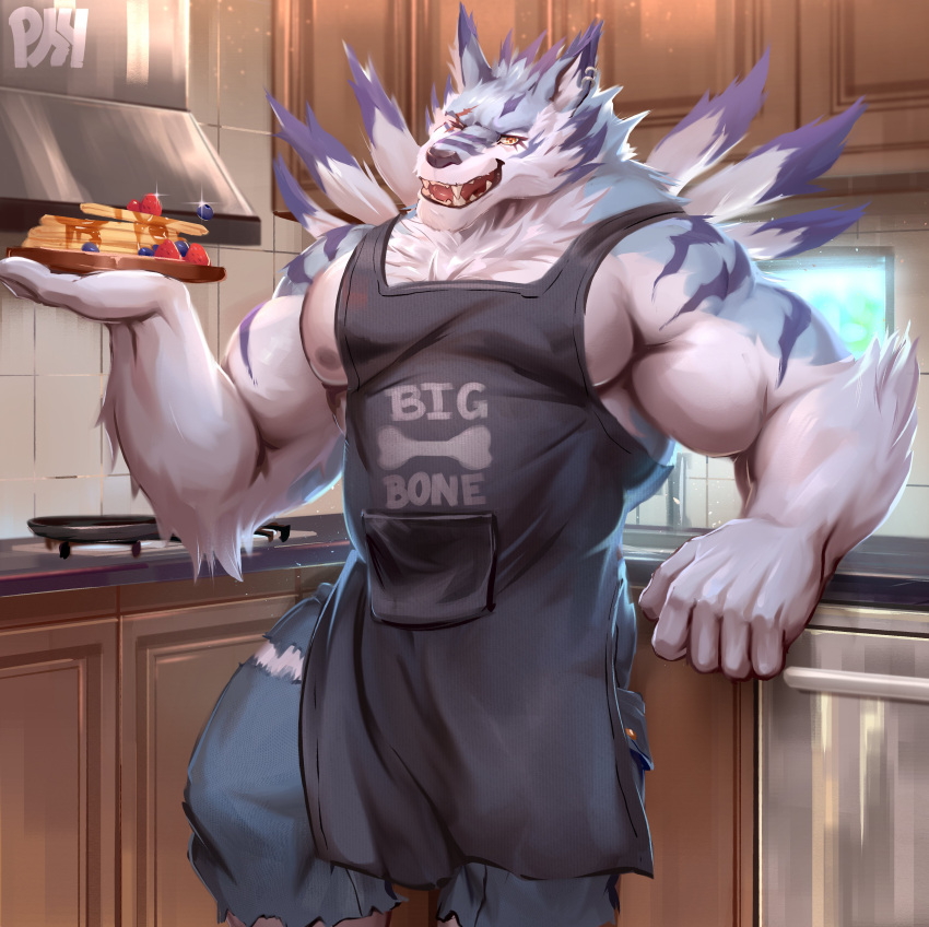 absurd_res apron bandai_namco biceps big_muscles clothing digimon digimon_(species) ear_piercing food fruit hi_res kitchen looking_at_viewer male muscular navel nipples pecs physen piercing plant scar solo strawberry waffle weregarurumon