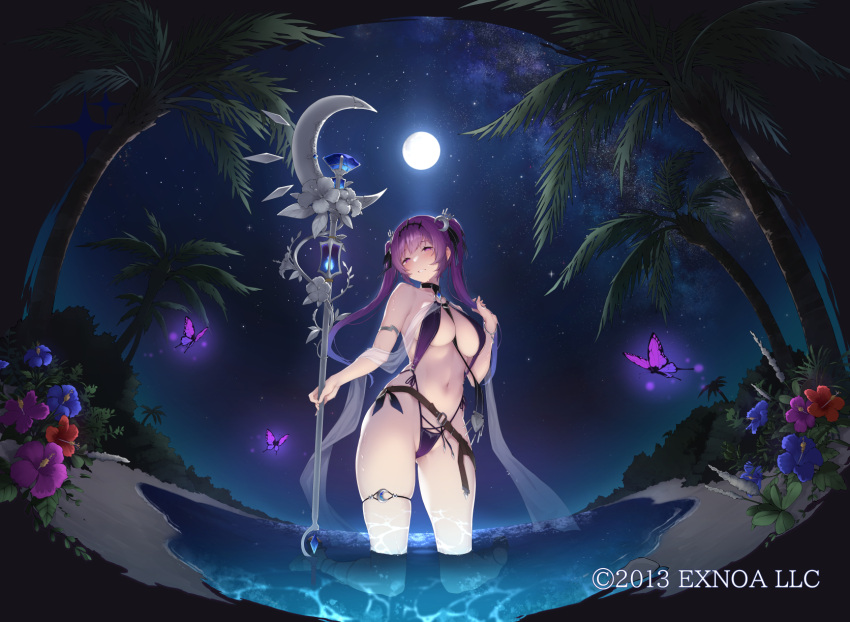 1girl armlet bare_shoulders beach belt between_breasts bikini black_choker breasts brooch bug butterfly character_request choker cleavage crescent crescent_hair_ornament full_moon grin hair_ornament hairband highleg highleg_bikini highres holding holding_hair holding_staff jewelry kneeling large_breasts long_hair looking_at_viewer moon nanahara_fuyuki navel night official_art outdoors palm_tree purple_bikini purple_eyes purple_hair sandals sennen_sensou_aigis shawl side-tie_bikini skindentation smile solo staff stomach string_bikini swimsuit thigh_strap thighs tree twintails wading water watermark