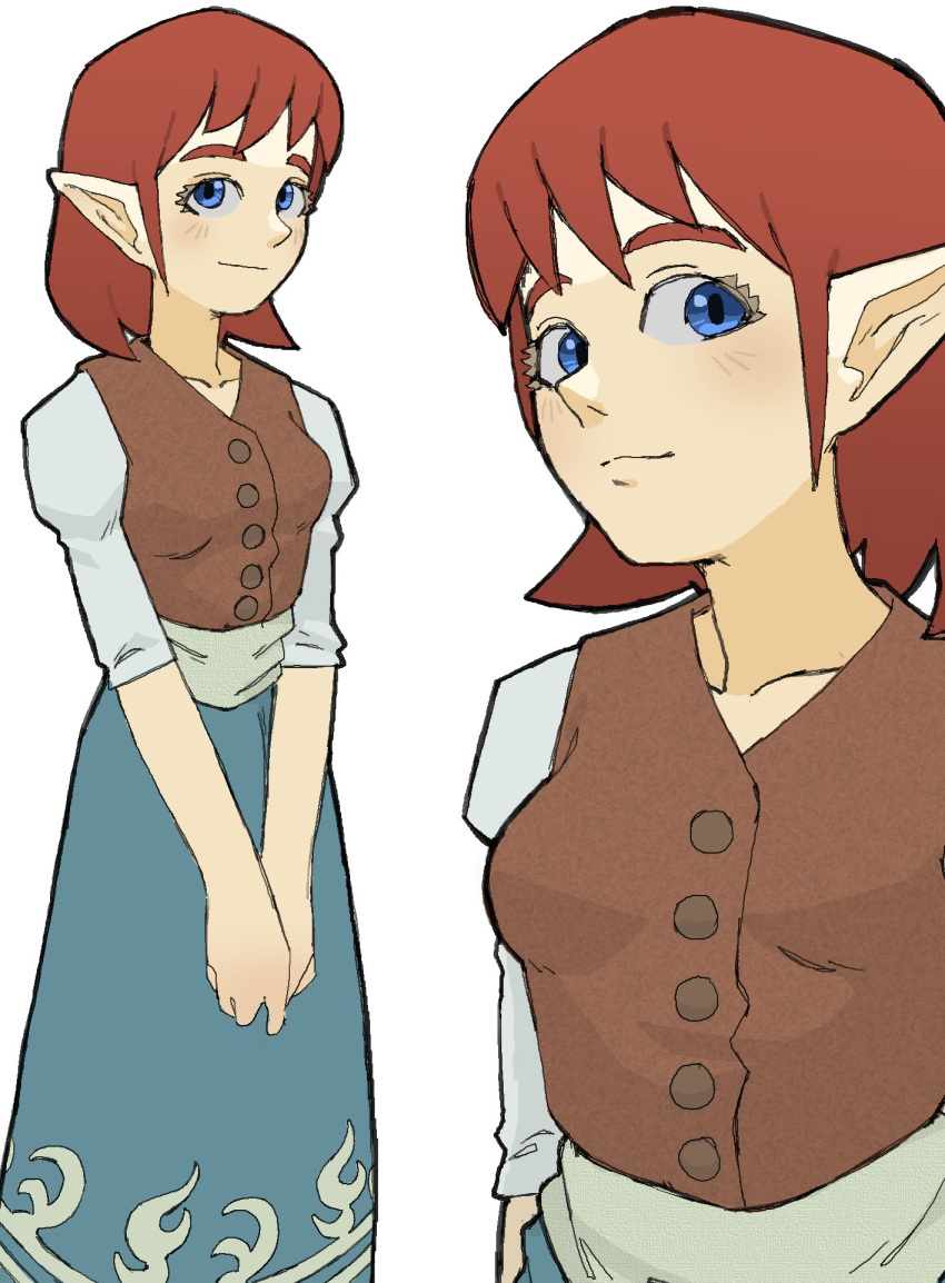 1girl anju blue_eyes blue_skirt brown_vest collarbone eyelashes highres looking_at_viewer medium_hair own_hands_together pantsu-ripper pointy_ears red_hair simple_background skirt smile solo the_legend_of_zelda the_legend_of_zelda:_ocarina_of_time vest