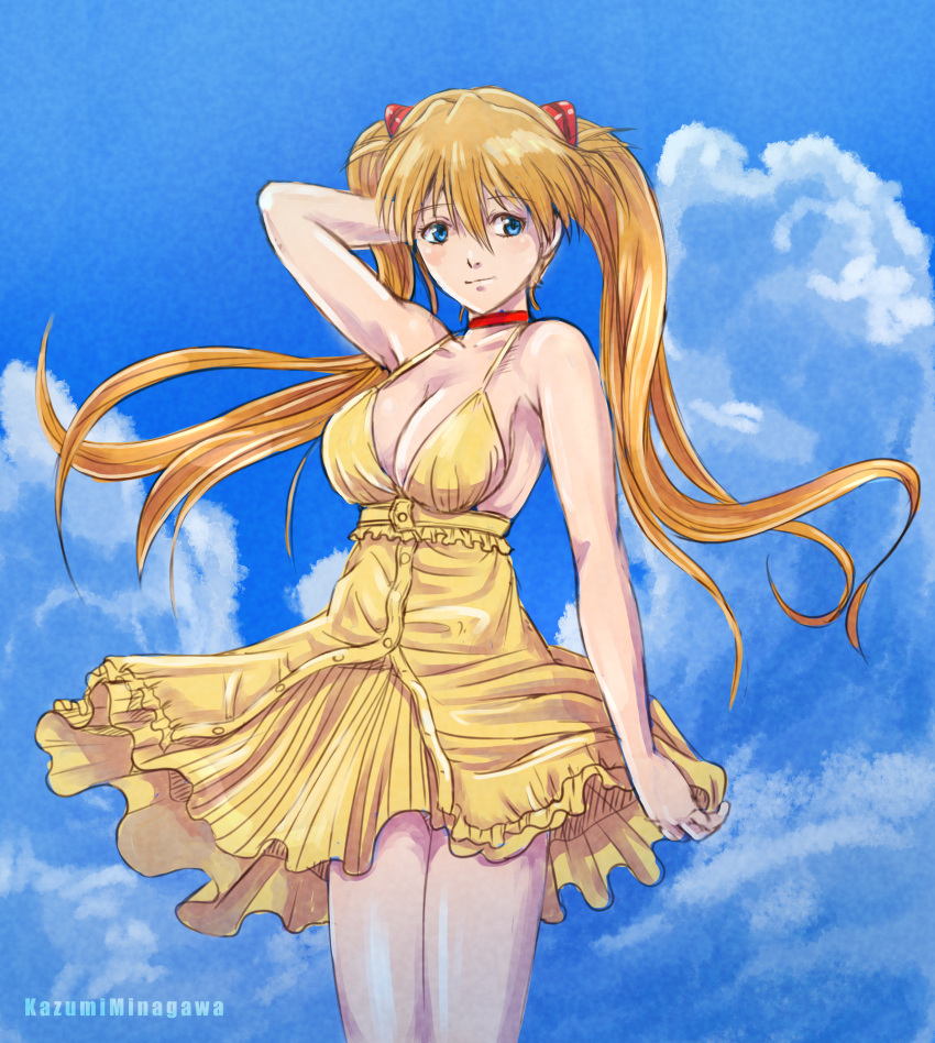 1girl absurdres arm_behind_head armpits artist_name blonde_hair blue_sky breasts choker cleavage cloud dress highres interface_headset kazumiminagawa large_breasts long_hair neon_genesis_evangelion neon_genesis_evangelion_anima red_choker sky solo souryuu_asuka_langley sundress thighs twintails wind wind_lift yellow_dress