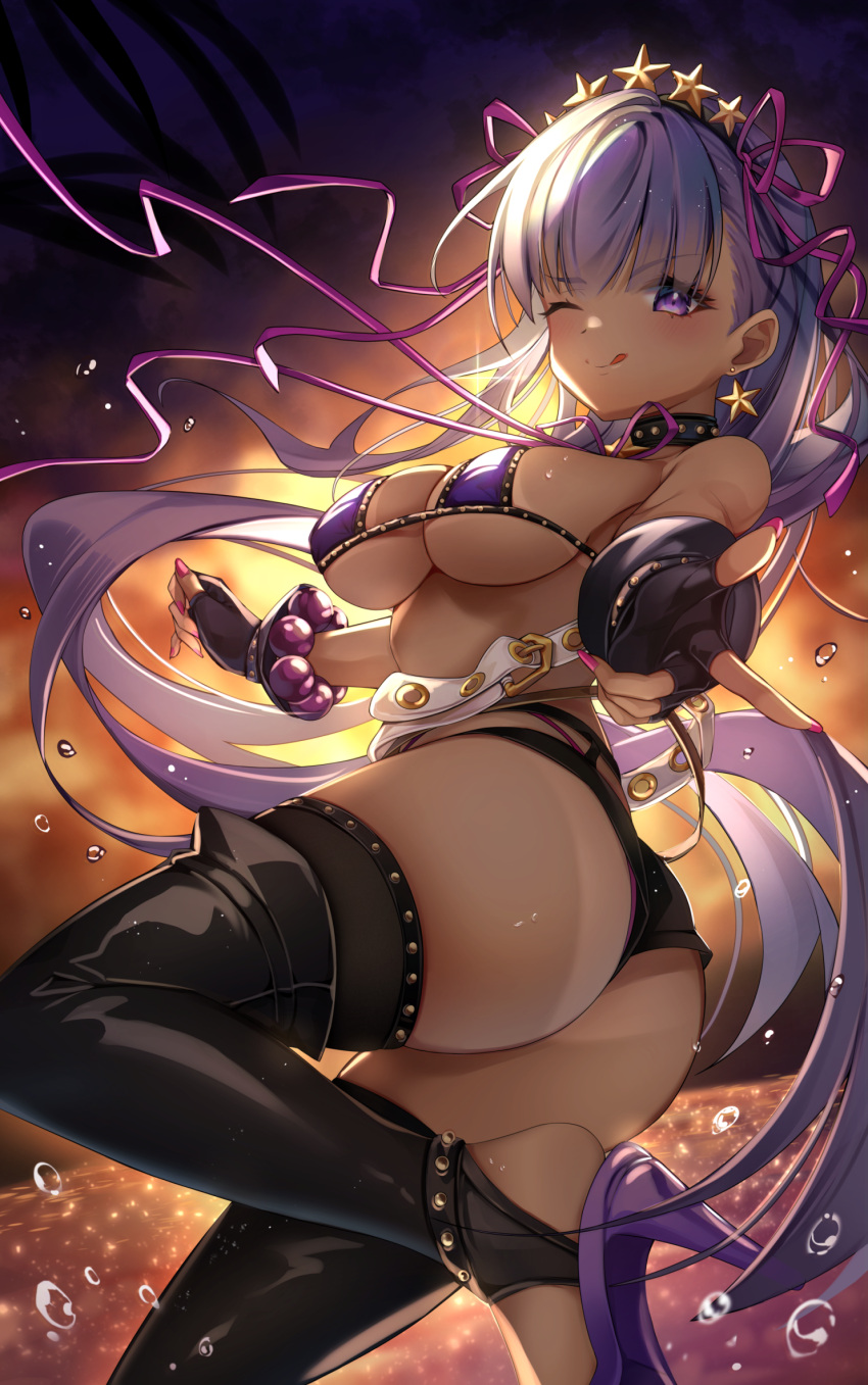 1girl ass bangs bare_shoulders bb_(fate) bb_(swimsuit_mooncancer)_(fate) bb_(swimsuit_mooncancer)_(second_ascension)_(fate) beach bead_bracelet beads belt bikini black_garter_belt black_gloves black_legwear black_shorts black_thighhighs blush boots bracelet breasts cleavage dark-skinned_female dark_skin eyes_visible_through_hair fate/grand_order fate_(series) fingerless_gloves gloves gradient_sky hair_ornament hair_ribbon hairband high_heels highres jewelry large_breasts licking_lips long_hair looking_at_viewer loose_belt medium_breasts micro_shorts neck_ribbon one_eye_closed orange_sky pruding purple_bikini purple_eyes purple_footwear purple_hair ribbon shorts sky smile solo star_(symbol) star_hair_ornament studded_garter_belt swimsuit tan thigh_boots thighhighs thighs tongue tongue_out twilight very_long_hair water_drop white_belt