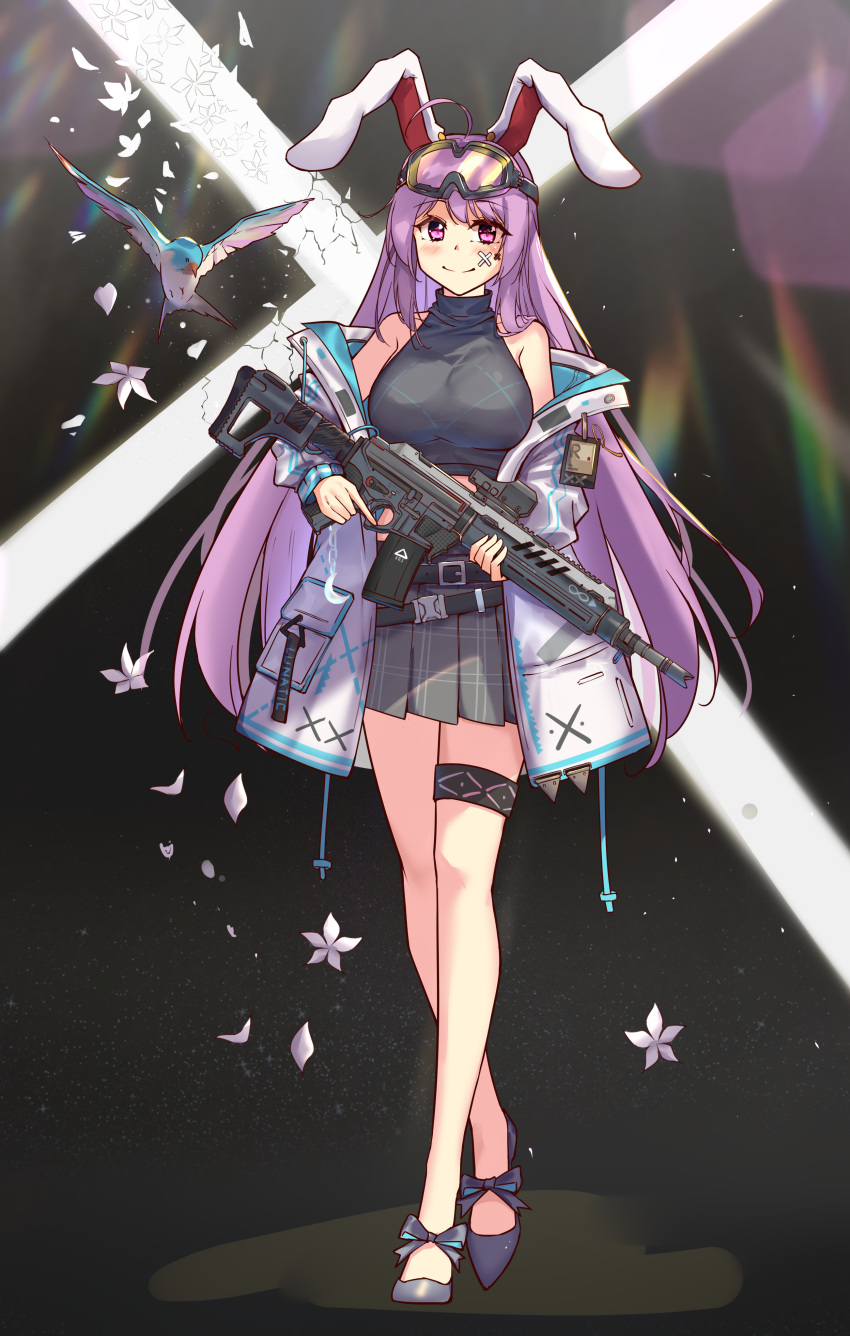 1girl absurdres alternate_costume animal_ears assault_rifle bird black_background black_footwear breasts crossed_legs diving_penguin goggles goggles_on_head gun high_heels highres holding holding_gun holding_weapon id_card jacket large_breasts light_purple_hair navel petals pleated_skirt purple_hair rabbit_ears rabbit_girl rabbit_tail red_eyes reisen_udongein_inaba rifle shirt sig_sauer sight skirt sleeveless sleeveless_shirt tail touhou turtleneck weapon white_jacket