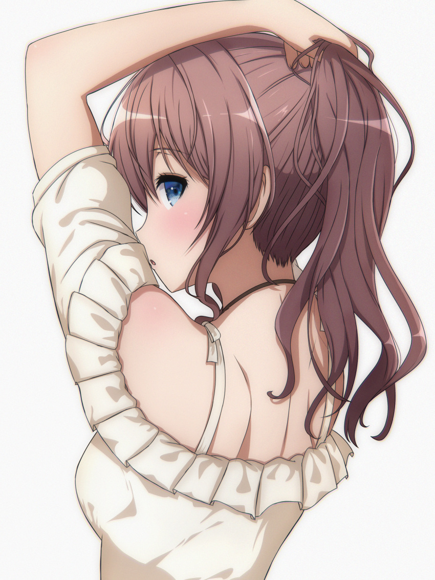 1girl absurdres arm_up back backless_dress backless_outfit bang_dream! blue_eyes blush brown_hair dress from_behind hand_in_own_hair hand_up highres holding holding_hair nape noshimurin off-shoulder_dress off_shoulder parted_lips ponytail profile shoulder_blades simple_background solo upper_body yamabuki_saaya