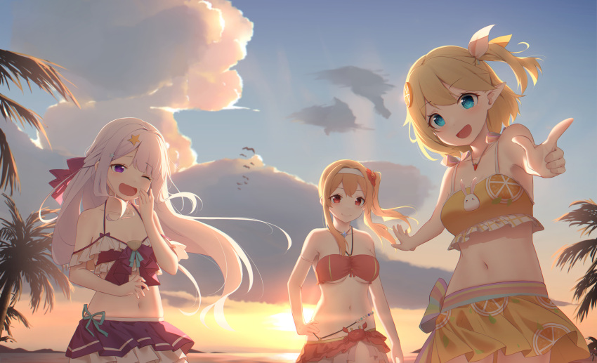 3girls :d bare_arms bare_shoulders bikini blonde_hair blue_eyes blue_sky bow breasts closed_mouth cloud collarbone commentary_request copyright_request floating_hair flower food-themed_hair_ornament frilled_bikini frills hair_bow hair_flower hair_ornament hairband halter_top halterneck han_(hehuihuihui) hand_on_hip highres long_hair medium_breasts multiple_girls navel one_eye_closed orange_hair_ornament outdoors purple_bikini purple_eyes red_bikini red_bow red_eyes red_flower side_ponytail sky smile sunset swimsuit very_long_hair white_hair white_hairband yellow_bikini