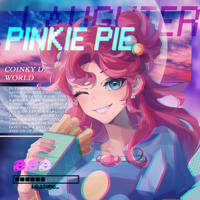 1girl alice_xjy blue_eyes character_name cloud english_text eyelashes fingernails food hair_between_eyes highres holding looking_at_viewer my_little_pony my_little_pony_equestria_girls nail_polish one_eye_closed pink_hair pinkie_pie smile solo teeth