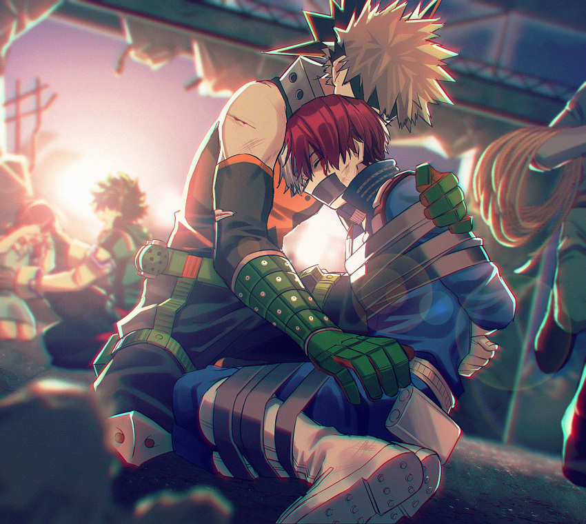 2others 3boys bakugou_katsuki bare_shoulders blood blood_on_face blurry boku_no_hero_academia boots bound burn_scar closed_eyes depth_of_field destruction duct_tape dutch_angle explosive gag gloves green_gloves grenade hand_on_another's_shoulder heterochromia highres holding holding_rope improvised_gag injury knee_pads lens_flare male_focus midoriya_izuku multicolored_hair multiple_boys multiple_others red_hair rope rumos_115 scar scar_on_face split-color_hair tape tape_bondage tape_gag todoroki_shouto torn_clothes two-tone_hair white_footwear white_hair