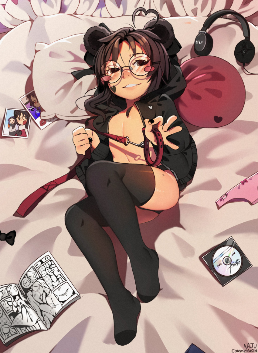 &lt;3 absurd_res animal_humanoid bed bedroom_eyes black_clothing black_jacket black_legwear black_nails black_panties black_thigh_highs black_topwear black_underwear blush blush_marks brown_hair cd_case clothed clothing collar colored_nails english_text eyewear female flat_chested furniture glasses hair headphones hi_res humanoid jacket kenny_(kenashcorp) knee_highs leash legwear looking_back lying mammal mammal_humanoid nails najucajuarts narrowed_eyes on_back panda_humanoid panties partially_clothed photo pillow seductive smile smiling_at_viewer solo text thigh_highs topwear underwear ursid ursid_humanoid ursine ursine_humanoid white_body white_skin