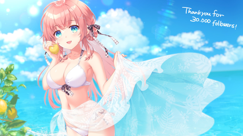 1girl :d absurdres alpha_(yukai_na_nakamatachi) bikini blue_eyes blue_sky blurry blurry_background braid breasts cleavage cloud collarbone day food front-tie_bikini front-tie_top fruit hair_ornament hair_ribbon highres holding holding_food holding_fruit lemon long_hair medium_breasts navel ocean open_mouth original outdoors pink_hair plaid plaid_ribbon ribbon sarong shiny shiny_hair side-tie_bikini sidelocks sky smile solo standing summer swimsuit very_long_hair white_bikini x_hair_ornament