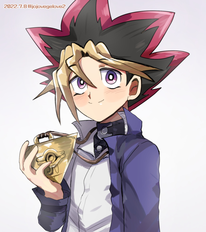1boy bangs black_hair blonde_hair blush commentary dated grey_background highres ing'yeo_soyeo male_focus millennium_puzzle multicolored_hair mutou_yuugi red_hair short_hair smile solo spiked_hair takahashi_kazuki_(person) twitter_username upper_body yu-gi-oh! yu-gi-oh!_duel_monsters