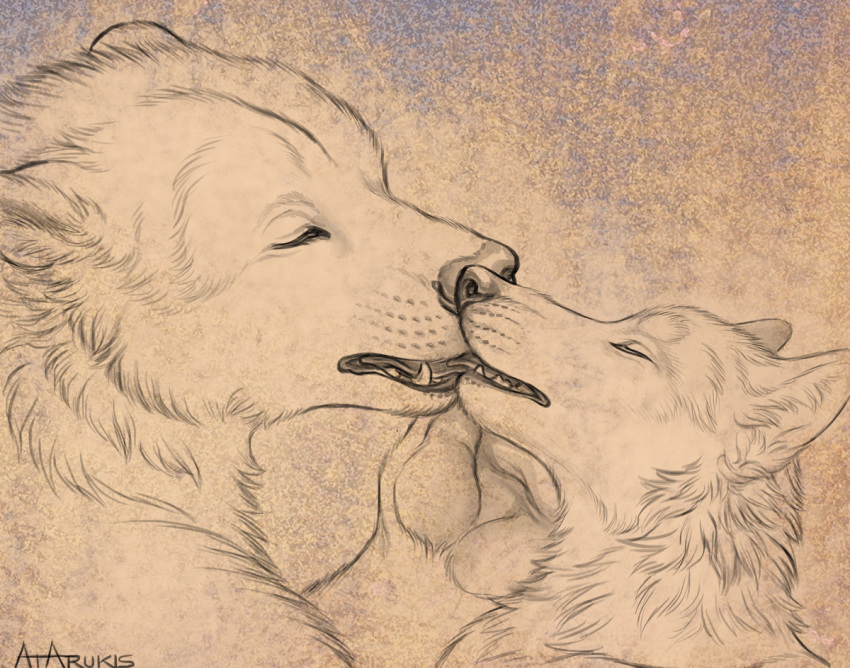ambiguous/ambiguous ambiguous_gender anthro canid canine canis duo eyes_closed fangs finnegan_(rukis) fur kissing larger_ambiguous line_art male_(lore) mammal rukis signature size_difference smaller_ambiguous story story_in_description teeth tongue tulimak_(rukis) ursid wolf
