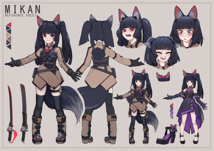 animal_ear_fluff animal_ears arm_strap armor belt black_hair boots bracelet cape collared_shirt commentary commission dress earphones english_commentary expressions flower fox_ears fox_girl fox_tail fur_cape gloves headband highres hologram holster jewelry k-rha's knees legs mikan_(rayer) original panties panty_peek pouch princess red_eyes reference_sheet ribbon rose royal science_fiction see-through sheath shirt skirt slit_pupils sweatdrop sword tail thigh_strap thighhighs tiara toe_cleavage transparent_footwear twintails underwear weapon