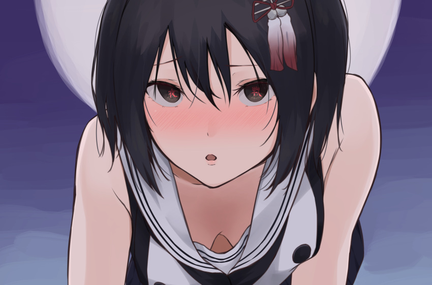 1girl absurdres bangs bare_shoulders black_hair blue_background blush breasts brown_eyes cleavage close-up commentary downblouse eyelashes full_moon gradient gradient_background hair_between_eyes hair_ornament hair_strand highres kantai_collection leaning_forward lips looking_at_viewer moon naughty_face night nose_blush open_mouth parted_lips raised_eyebrows sailor_collar sendai_(kancolle) short_hair solo symbol-shaped_pupils translated two_side_up upturned_eyes urara_(uraom0te) white_sailor_collar