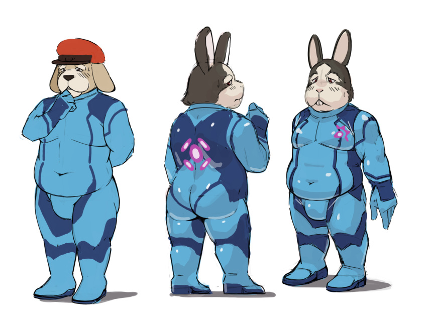 anthro blush bulge butt canid canine canis clothing crossover domestic_dog duo general_pepper headgear headwear hi_res korosuke lagomorph leporid looking_at_viewer male mammal metroid nintendo peppy_hare rabbit skinsuit star_fox tight_clothing video_games zero_suit