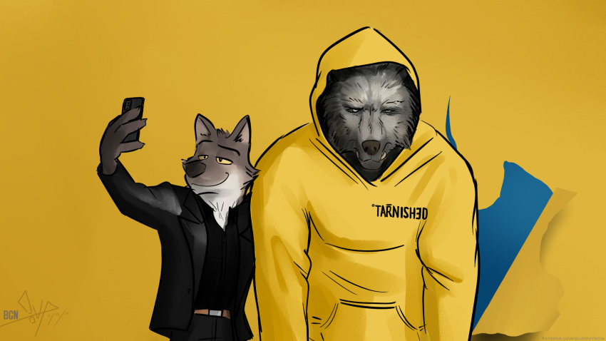 anthro bgn blaidd_(elden_ring) canid canine canis clothed clothing crossover dreamworks duo elden_ring fangs fromsoftware hi_res male mammal mr._wolf_(the_bad_guys) phone selfie simple_background the_bad_guys video_games wolf