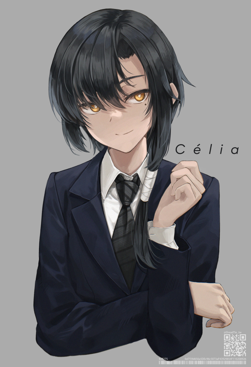 1girl bangs black_hair black_jacket brown_eyes closed_mouth collared_shirt commentary cropped_torso diagonal-striped_necktie dreadtie eyebrows_behind_hair grey_background grey_necktie hair_between_eyes hand_up highres jacket long_hair long_sleeves looking_at_viewer mole mole_under_eye necktie original parted_bangs qr_code shirt simple_background smile solo twitter_username upper_body white_shirt