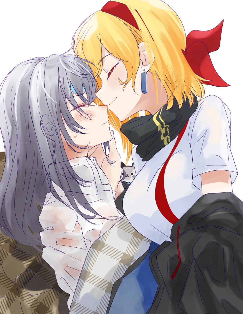 2girls absurdres bazo_(vestia_zeta) black_scarf blanket blonde_hair blush breasts casual closed_eyes commentary earrings facing_another from_side grey_hair hair_down hairband hand_on_another's_cheek hand_on_another's_face highres hololive hololive_indonesia jewelry kaela_kovalskia kiss kissing_nose large_breasts long_hair medium_hair multiple_girls pajamas profile red_hairband scarf shirt short_sleeves smile sweat upper_body vestia_zeta virtual_youtuber white_background white_shirt yuri zakimpo