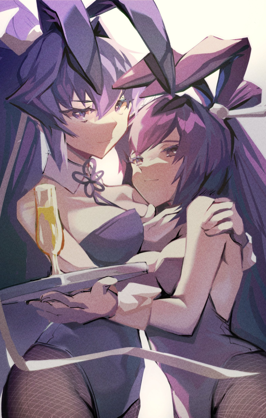 2girls absurdres bangs black_pantyhose blue_eyes blue_hair breasts champagne_flute cup drinking_glass highres holding holding_tray hug kona_(soyakimi) koubuin_yuuhi looking_at_viewer medium_breasts mitsurugi_meiya multiple_girls muvluv playboy_bunny ponytail purple_eyes purple_hair siblings sisters smile tray v-shaped_eyebrows