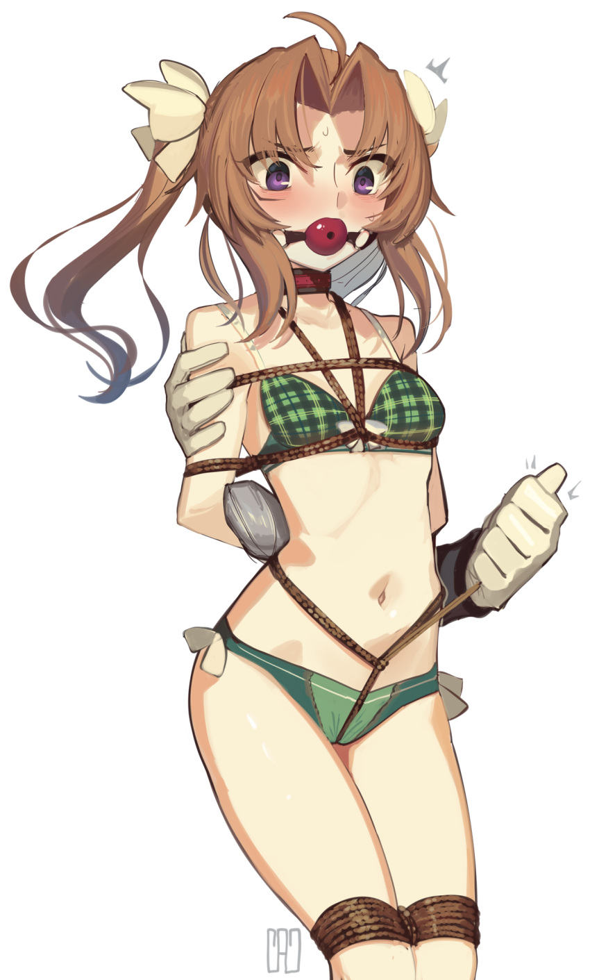 1girl ahoge arms_behind_back ball_gag bdsm bondage bound bound_arms bound_legs bra breast_bondage breasts brown_hair cad_(caddo) crotch_rope gag gagged gloves green_bra green_panties hair_ribbon highres kagerou_(kancolle) kagerou_kai_ni_(kancolle) kantai_collection navel panties purple_eyes ribbon rope shibari shibari_over_clothes small_breasts solo_focus twintails underwear underwear_only white_gloves white_ribbon