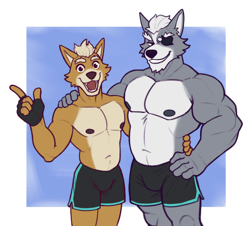 absurd_res anthro canid canine canis clothing duo fox fox_mccloud hi_res livingbread_(artist) looking_at_viewer male mammal muscular muscular_anthro muscular_male nintendo nipples pecs smile star_fox underwear video_games wolf wolf_o'donnell