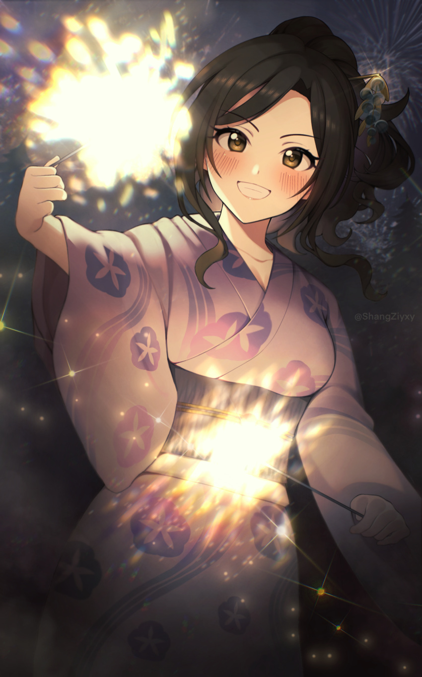 1girl bangs blush breasts brown_eyes brown_hair cleavage collarbone cowboy_shot fireworks floral_print forehead grin highres idolmaster idolmaster_cinderella_girls idolmaster_cinderella_girls_starlight_stage japanese_clothes kimono long_hair long_sleeves looking_at_viewer medium_breasts mukai_takumi night parted_bangs ponytail purple_kimono shangzi sidelocks smile solo sparkler wide_sleeves