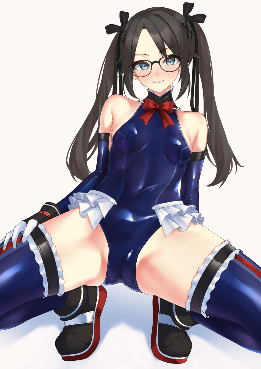 1girl absurdres bangs black-framed_eyewear black_hair black_ribbon blonde_hair blue_eyes blue_swimsuit blue_thighhighs breasts commentary_request cosplay covered_navel dead_or_alive dead_or_alive_5 diagonal_bangs frilled_swimsuit frills full_body glasses hair_ornament hair_ribbon highleg highleg_swimsuit highres idolmaster idolmaster_shiny_colors long_hair looking_at_viewer marie_rose marie_rose_(cosplay) mitsumine_yuika one-piece_swimsuit ribbon small_breasts spread_legs squatting swimsuit taiyou-n thighs twintails white_background x_hair_ornament