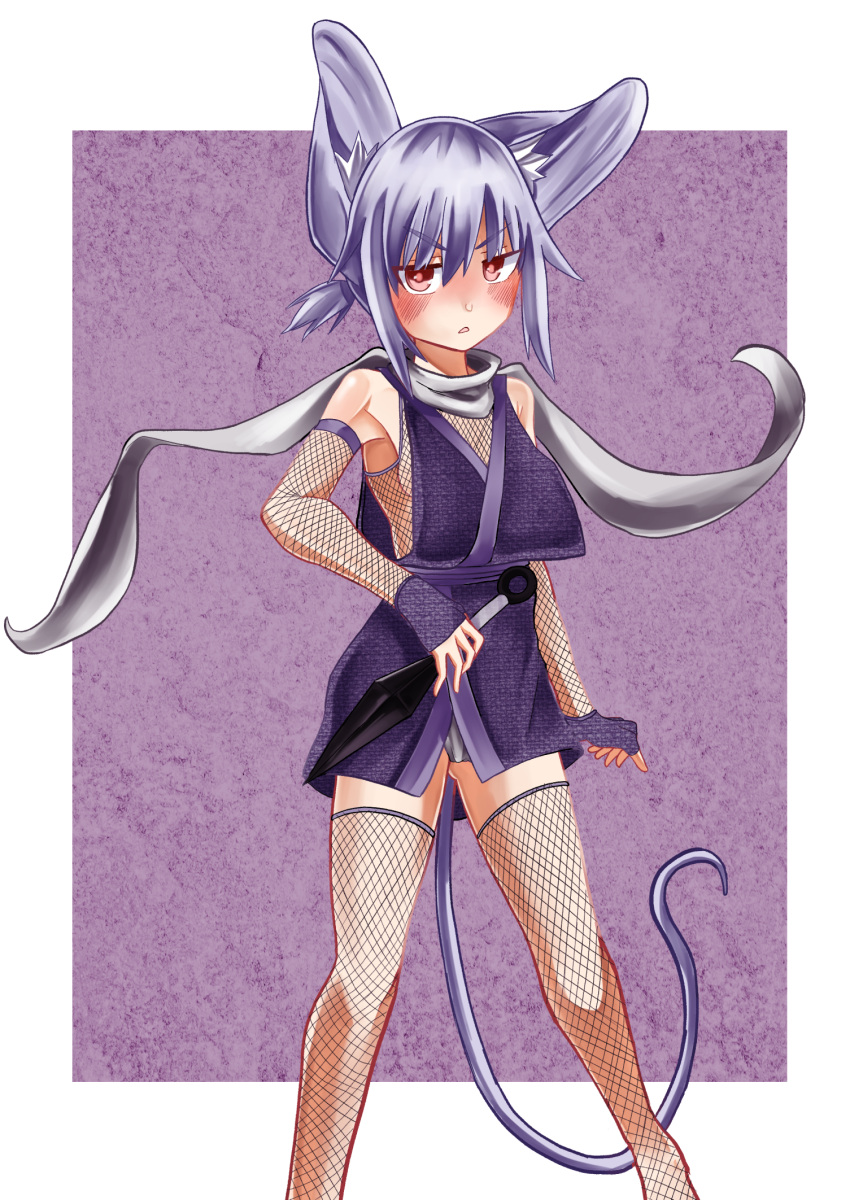 1girl animal_ear_fluff animal_ears bangs bikini blush breasts commentary_request feet_out_of_frame fishnet_gloves fishnet_legwear fishnets ginger_ale_(syouga_6383) gloves grey_hair highres kunai looking_at_viewer mouse_ears mouse_girl mouse_tail nazrin ninja open_mouth pointy_ears purple_bikini red_eyes scarf short_hair short_ponytail sideboob small_breasts solo swimsuit tail thighhighs touhou weapon white_scarf