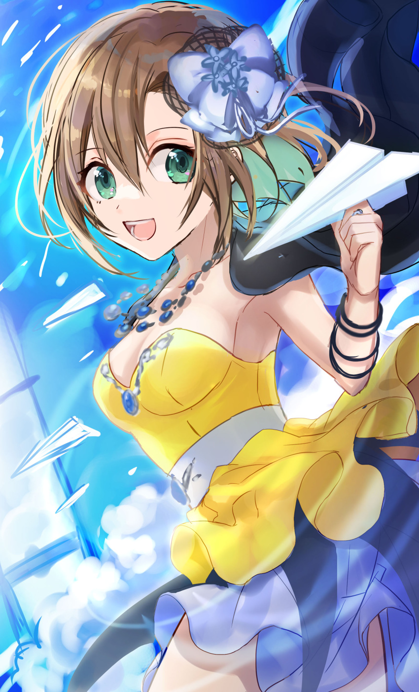 1girl :d absurdres aqua_hair bangs black_cape blue_bow bow bracelet breasts brown_hair cape cleavage collarbone green_eyes hair_between_eyes hair_bow highres idolmaster idolmaster_cinderella_girls jewelry looking_at_viewer medium_breasts miniskirt miri_(roll) multicolored_hair necklace open_mouth purple_skirt shiny shiny_hair short_hair sketch skirt smile solo strapless tada_riina two-tone_hair
