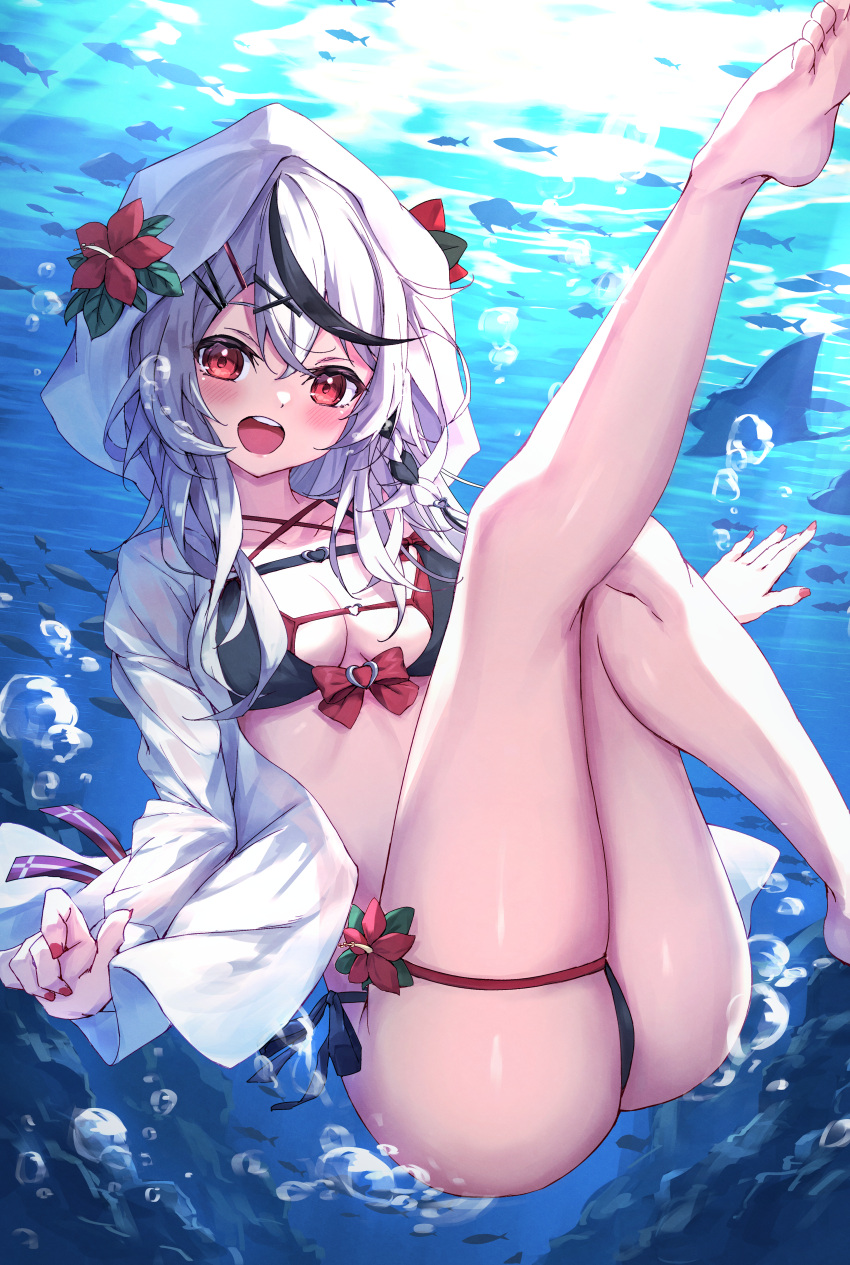 1girl absurdres ass bare_shoulders barefoot bikini blush breasts bubble collarbone commentary_request feet flower full_body hair_between_eyes hair_flower hair_ornament heart_o-ring hibiscus highres hololive hood hood_up knees_together_feet_apart leg_up long_hair long_sleeves looking_at_viewer manta_ray masaki_(msk064) medium_breasts nail_polish open_mouth red_eyes red_nails sakamata_chloe school_of_fish shirt side-tie_bikini solo swimsuit teeth thigh_strap thighs underwater upper_teeth virtual_youtuber white_hair white_shirt white_sleeves x_hair_ornament