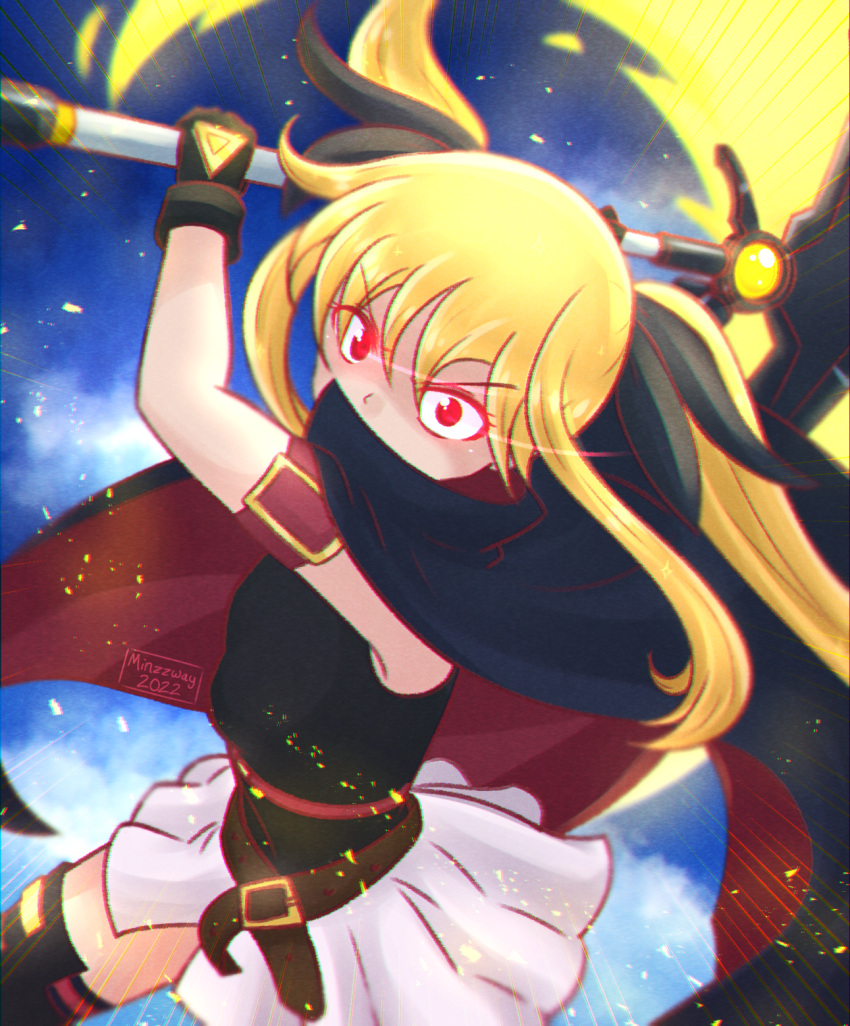 1girl 2022 armband artist_name bardiche belt black_bow black_cape black_gloves blonde_hair blue_sky bow brown_belt cape cloud fate_testarossa gloves hair_bow highres lyrical_nanoha mahou_shoujo_lyrical_nanoha minzzway red_eyes skirt sky sleeveless solo thighhighs thighs twintails white_skirt