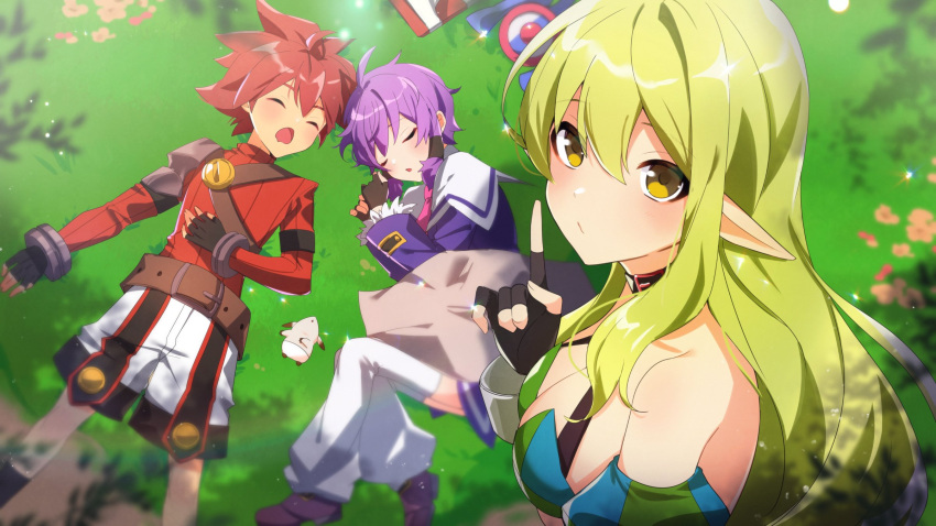 1boy 2girls ahoge aisha_landar bangs bare_shoulders black_gloves blush breasts cleavage closed_eyes commentary creature diaper dress elf elsword elsword_(character) english_commentary finger_to_mouth fingerless_gloves fur-trimmed_sleeves fur_trim gloves grass green_hair hair_between_eyes hair_tubes hand_on_own_stomach highres index_finger_raised knight_(elsword) long_hair long_sleeves looking_at_viewer lying magician_(elsword) medium_breasts multiple_girls necktie open_mouth outdoors phoru_(elsword) pink_necktie pointy_ears pointy_hair purple_dress purple_hair ranger_(elsword) red_hair red_sweater rena_erindel ribbed_sweater sailor_collar sasa_(sa1008va) shadow shorts shushing sidelocks size_difference sleeping staff sweater sword turtleneck turtleneck_sweater weapon white_legwear white_sailor_collar white_shorts yellow_eyes