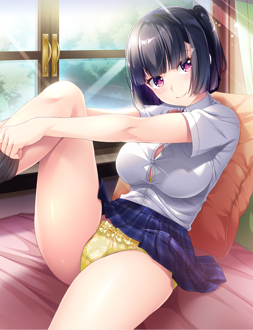 1girl bangs black_hair blunt_bangs bob_cut bra breasts bursting_breasts cleavage closed_mouth clothes_lift dakikano day highres kouzuki_yume looking_at_viewer mdf_an medium_breasts official_art panties pillow purple_eyes removing_sock school_uniform shirt short_sleeves sitting skirt skirt_lift smile socks solo sunlight thighs underwear undressing white_shirt window yellow_bra yellow_panties