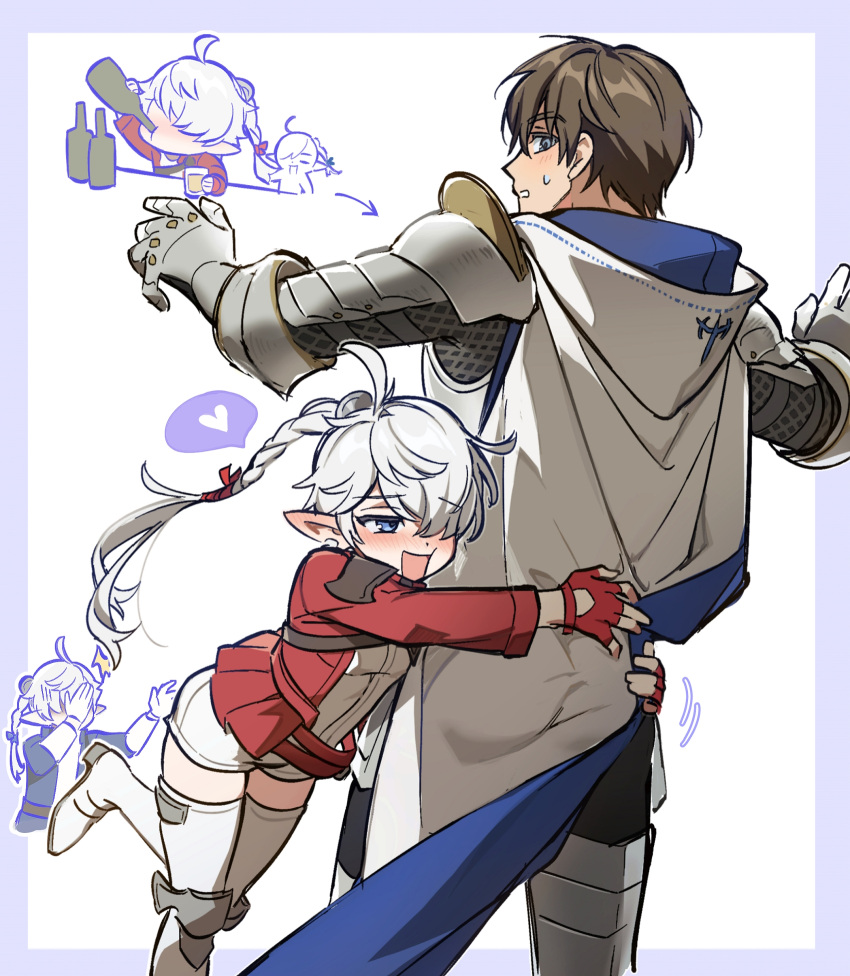 1girl 2boys adventurer_(ff14) ahoge alcohol alisaie_leveilleur alphinaud_leveilleur armor arrow_(symbol) bangs blue_eyes blush boots border bottle braid braided_ponytail brown_hair cape cheek_press chibi chibi_inset chinese_commentary commentary_request drinking drunk earclip elezen elf facepalm feet_out_of_frame final_fantasy final_fantasy_xiv fingerless_gloves gauntlets glomp gloves greaves hair_over_one_eye hair_ribbon half-closed_eye heart height_difference highres holding holding_bottle hug hyur jacket leg_up long_hair long_sleeves looking_at_another multiple_boys one_eye_covered open_mouth outstretched_arms pointy_ears purple_border red_gloves red_jacket ribbon shirt shorts single_braid spoken_heart standing standing_on_one_leg sweatdrop thigh_boots torso_grab white_background white_cape white_footwear white_hair white_shirt white_shorts wuliu_heihuo