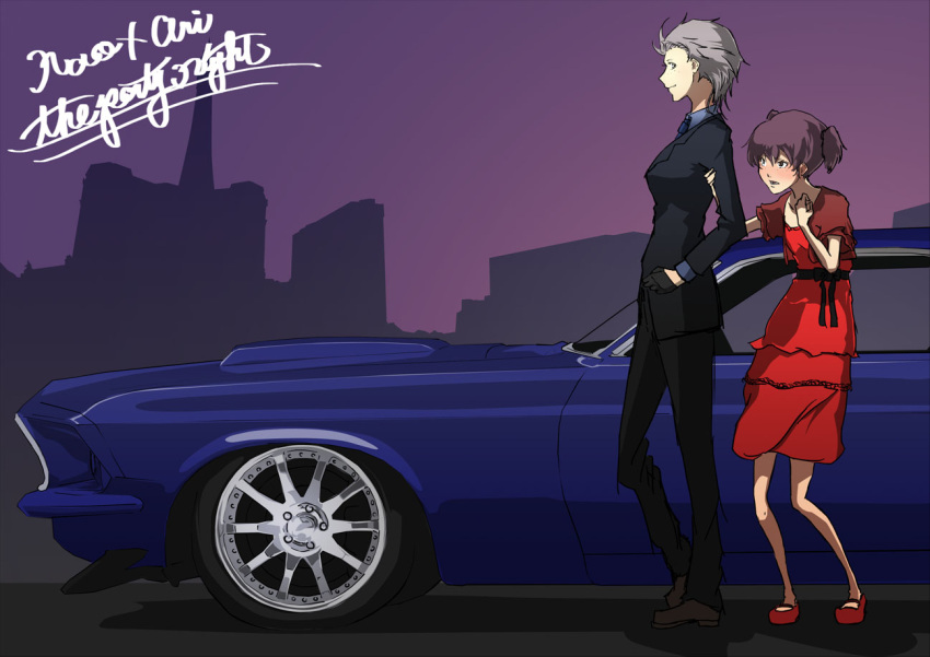 2girls belt black_belt black_footwear black_suit blush breasts brown_hair building car dress ford_mustang formal girls_und_panzer grey_hair ground_vehicle height_difference holding_another's_arm motor_vehicle multiple_girls muscle_car night night_sky pant_suit pants red_dress red_footwear run_the_9tails short_hair short_twintails sky skyscraper sports_car suit twintails very_short_hair yuri