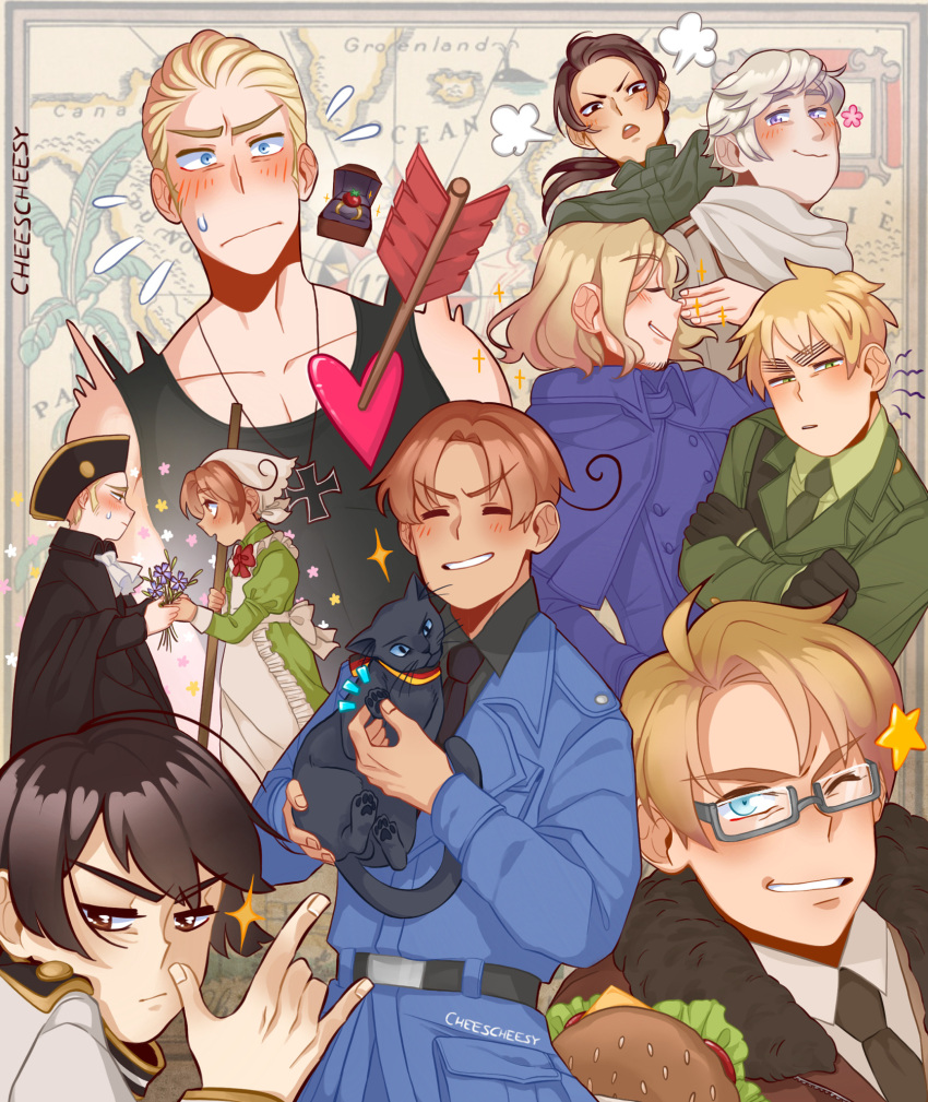 6+boys =3 \m/ ahoge america_(hetalia) animal animal_collar animalization apron arrow_through_heart artist_name axis_powers_hetalia black_cloak black_hair blonde_hair blue_coat blue_eyes blush brown_eyes brown_hair capelet cheescheesy china_(hetalia) cloak closed_eyes coat collar cross crossdressing crossed_arms embarrassed flag_print flower flying_sweatdrops france_(hetalia) frilled_apron frills germany_(hetalia) germany_(nekotalia) glasses green_eyes grin hair_slicked_back hat head_scarf heart highres holding holding_animal holding_flower holy_roman_empire_(hetalia) iron_cross japan_(hetalia) juliet_sleeves long_sleeves looking_back looking_down male_focus map map_background medium_hair military military_uniform multiple_boys northern_italy_(hetalia) one_eye_closed otoko_no_ko ponytail pose puffy_sleeves ribbon ring_box russia_(hetalia) short_hair smile sparkle sparkling_eyes tank_top thick_eyebrows time_paradox uniform united_kingdom_(hetalia) v-shaped_eyebrows wavy_hair yaoi younger